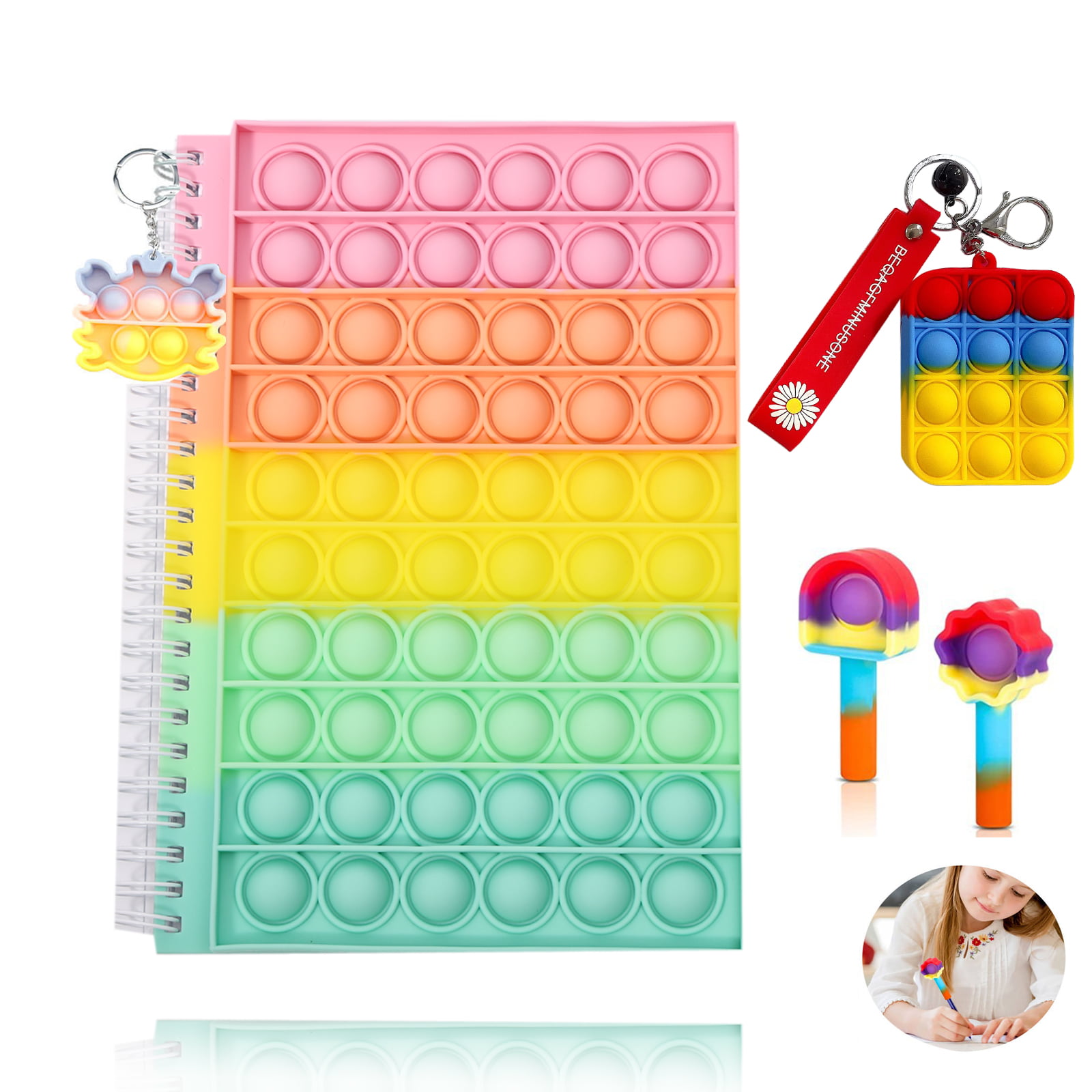 Fidget Spiral Notebooks Fidget Toys with Bubble Keychain Popper Sensory Fidget Pencil Cap for Children School Office Supplies 4 Pcs-D4 