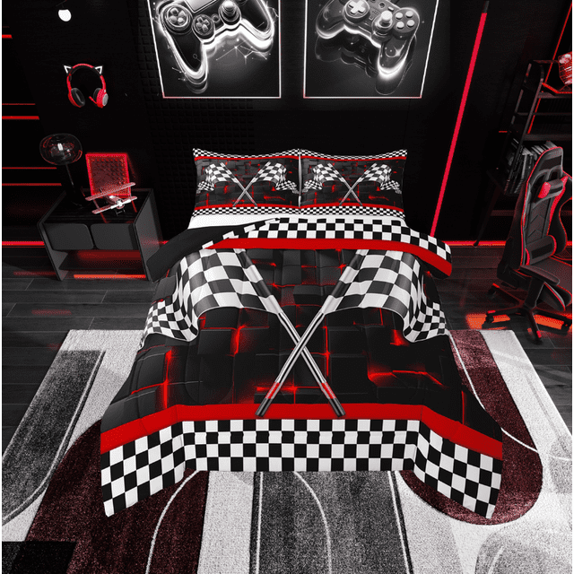 Erosebridal 3D Geometric Comforter Sets Queen Size, Black White Flag Comforters & Duvets, Racing Car Decor, Reversible 3 Pieces