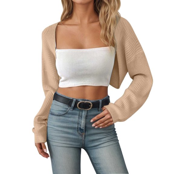Women's Cardigan Shrugs Long Sleeve Knit Cropped Bolero Shrug Open Front Casual Cardigans for Dresses