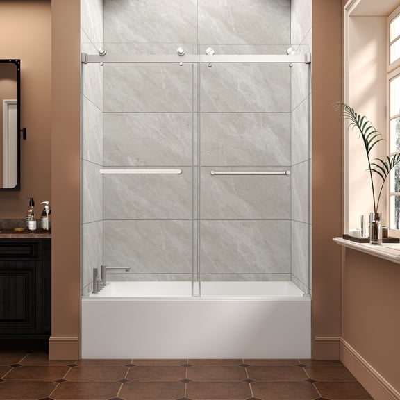 55"-60"W x 60"H Frameless Double Sliding Tub Shower Door, 5/16" Glass, Brushed Nickel