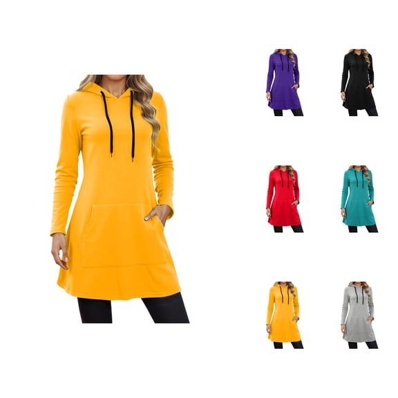 Plain Hoodie Dress for Women 2025 Fall Winter Long Sleeve Casual Hooded Sweatshirt with Pockets Pullover Tops