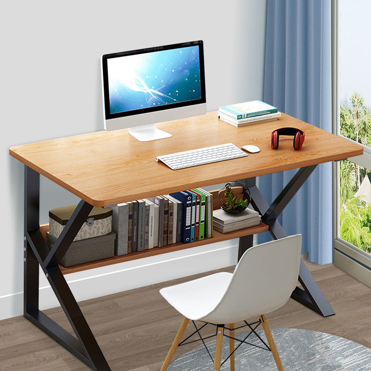Small Office Table Movable Computer Desk w/ Wood Shelves Workstation