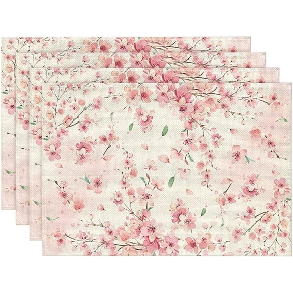 Table Placemats Set of 4 Cherry Blossom Petals Pattern Cotton Linen Cloth Washable Table Mats Heat Resistant Reusable Place Mat for Kitchen Dining 12x18 Inch