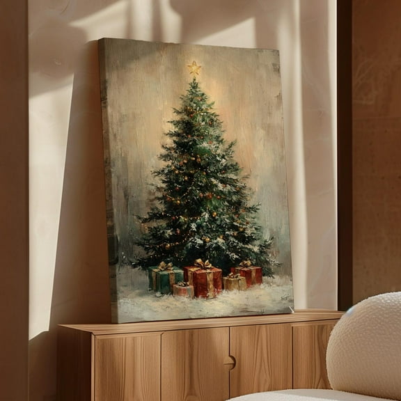 Velto Holiday Tree Canvas Art Vintage Seasonal Illustration Rustic Cozy Snowy Winter Inspired Wall Decor, SIZE 8x10 INCLUDE Pine Wood Frame 1.25-Inch
