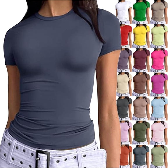 Otvok Summer T-Shirt for Women Solid-Color Slim-Fit Crew Neck Short-Sleeve Tops Casual Blouses