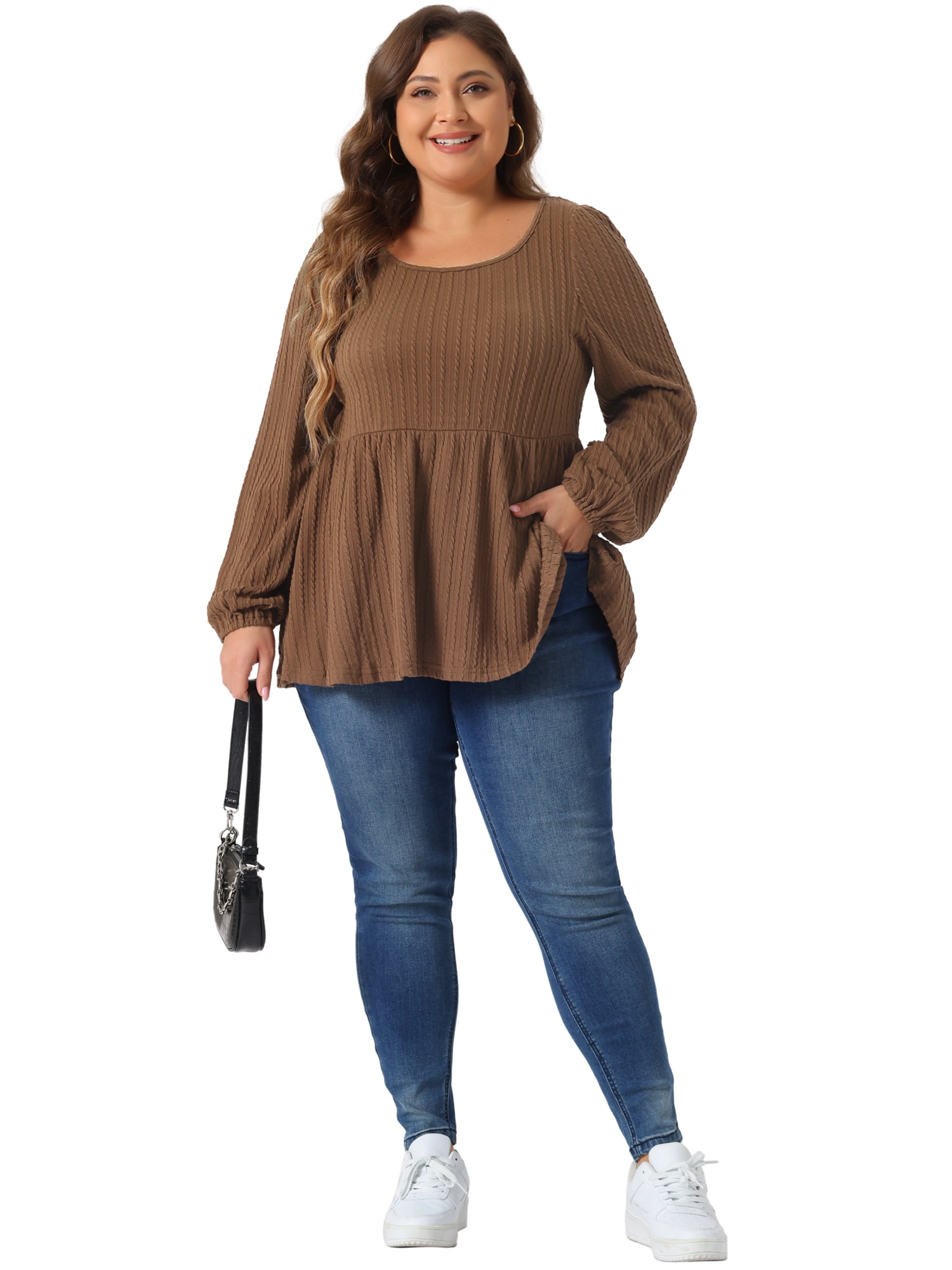 DARING DIVA Women's Plus Blouses Scoop Neck Ruffle Hem Peplum Knit Top 3X Brown