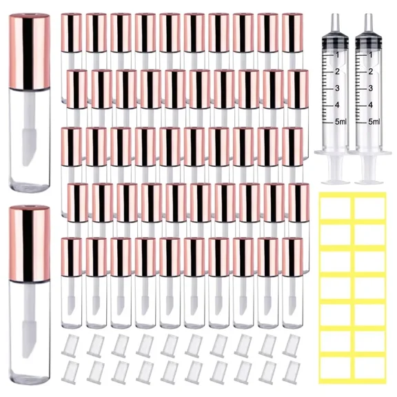50PCS Mini Lip Gloss Containers Lip Gloss Tubes with Wand 1.2ml Empty Refillable Travel Lip Balm Bottles for Samples with 5ml Syringes DIY Lip Gloss Base   Tag Labels (Rose Gold)