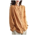 thumbnail image 3 of YUEHUA Women's Linen Blend Ruffle Trim Button Up Shirt, High Neck Long Sleeve Loose Fit Blouse, Vintage Style Casual Top, 3 of 7