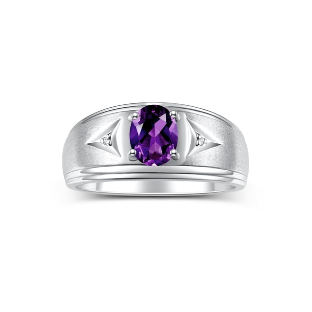 RYLOS Men's Rings 14K White Gold Classic 8X6MM Oval Gemstone & Diamond Ring Amethyst February Birthstone Rings For Man Gold Rings Size 13