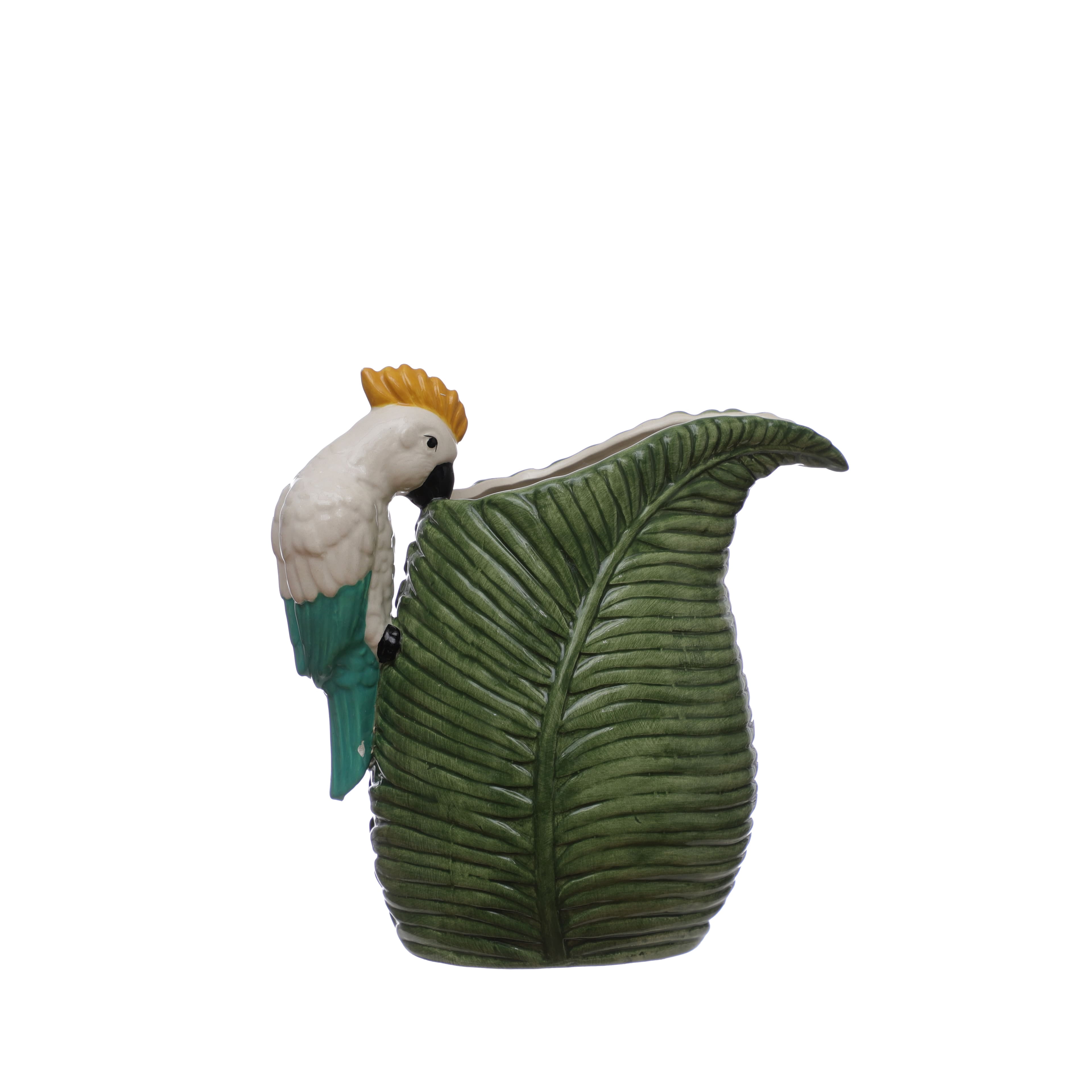 Ashland 43.95oz. Green Tropical Ceramic Leaf Pitcher with Cockatoo Handle , Summer Home Decor