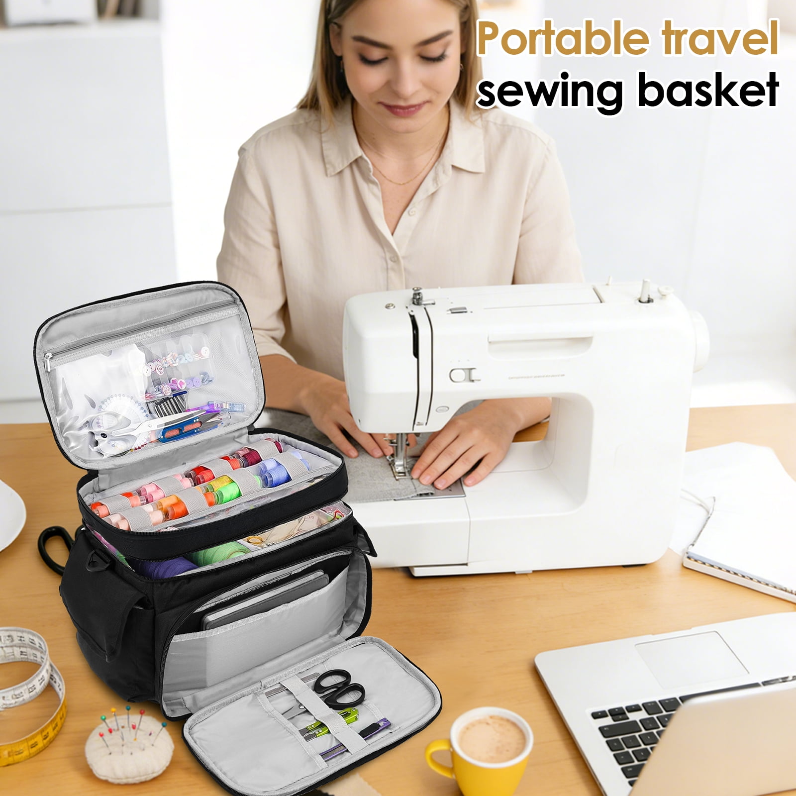 Austok Large Sewing Box Double Layer Quilting Supplies Organizer Portable Travel Sewing Box Organizer for Accessories Storage and Tool