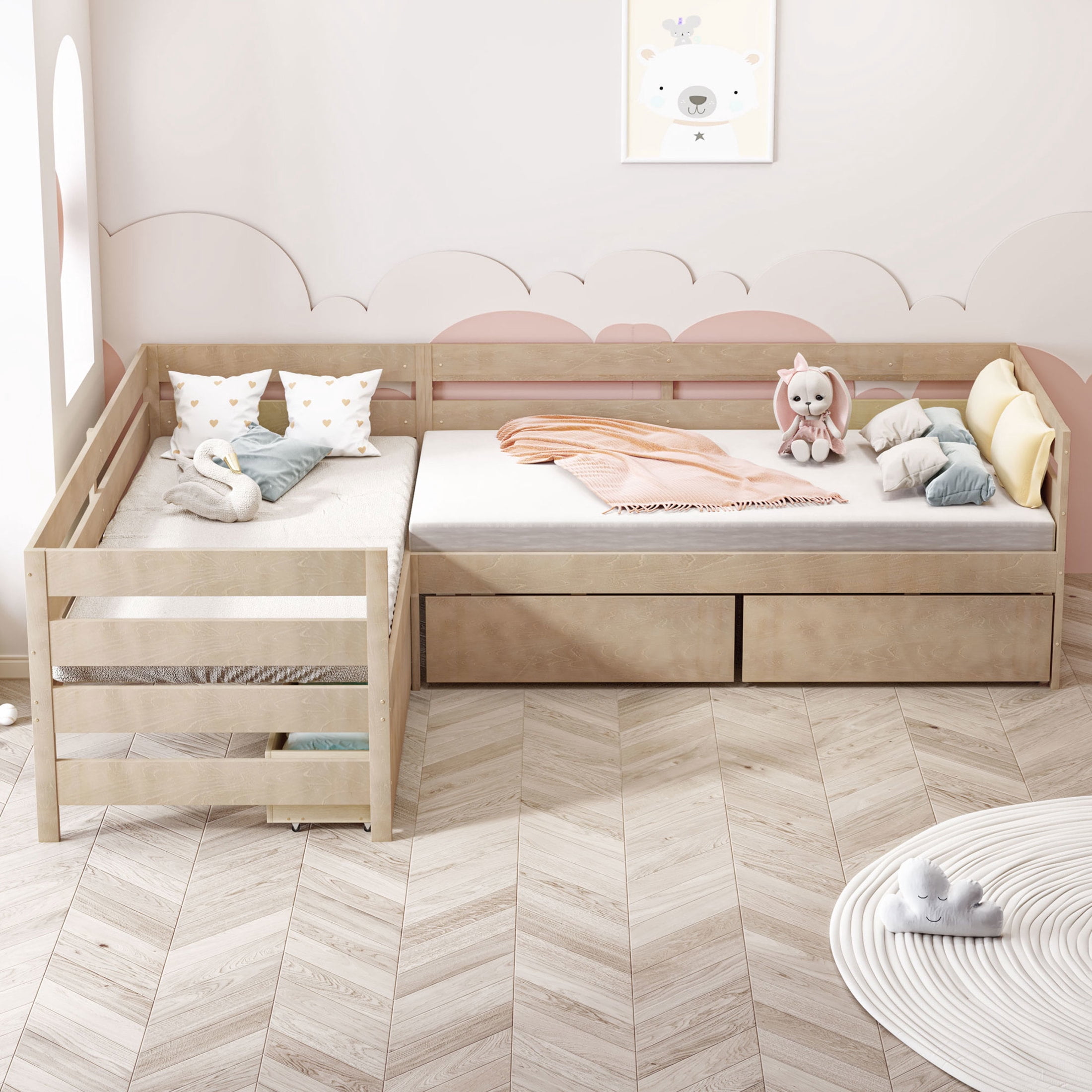 Noble House Carter Twin L-Shaped Platform Bed with 3 Storage Drawers, Solid Wood Corner Bed Frame, Natural