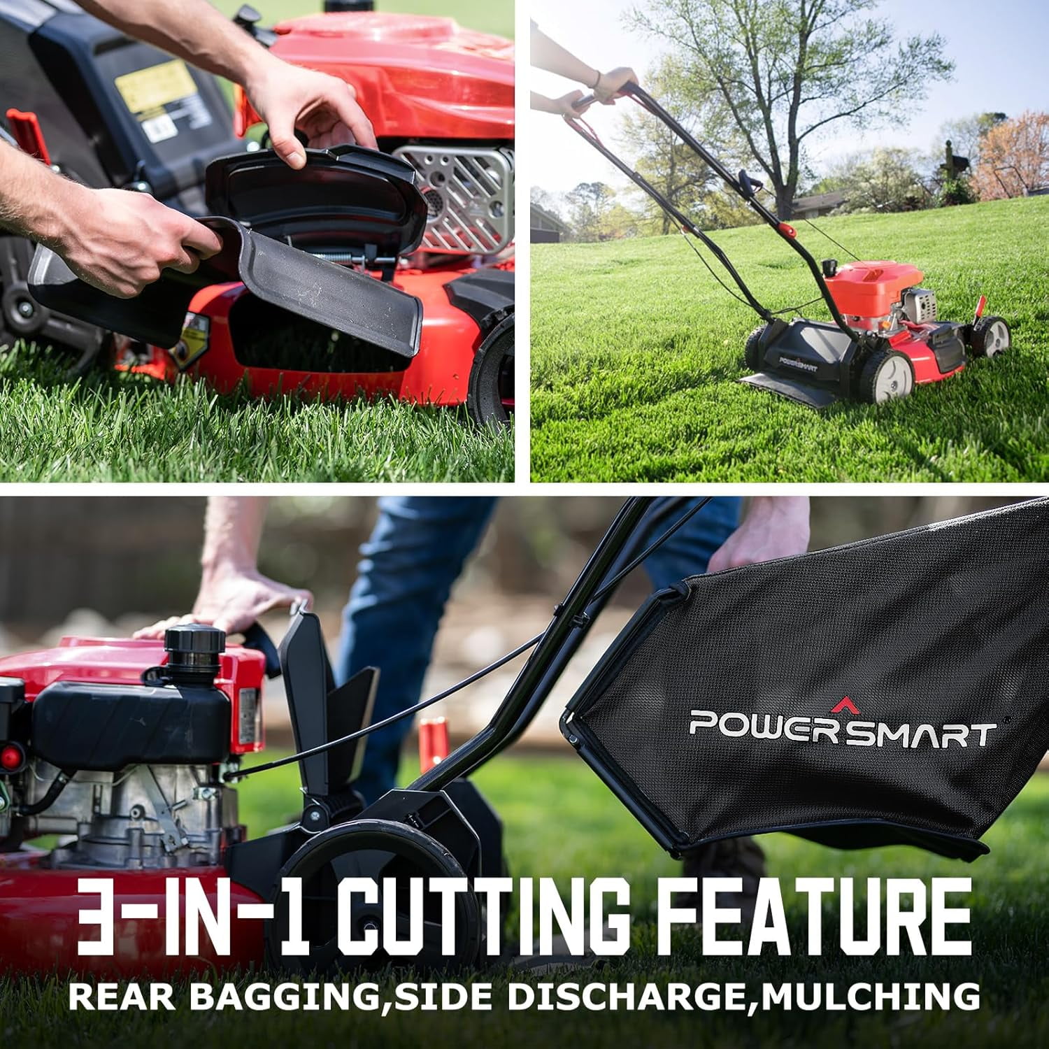 PowerSmart 18" 144CC Gas-Powered 3-in-1 Walk Behind Lawn Mower – Easy Start, Foldable, Ideal for Yards Up to 1/4 Acre