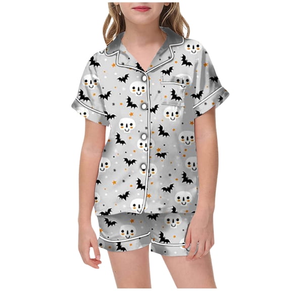 SJLDQY Halloween Satin Pajamas for Girls Button Down Short Sleeve Shirts Shorts 2 Piece Hallowmas Pj Sets Silk Sleepwear Soft Comfy Loungewear