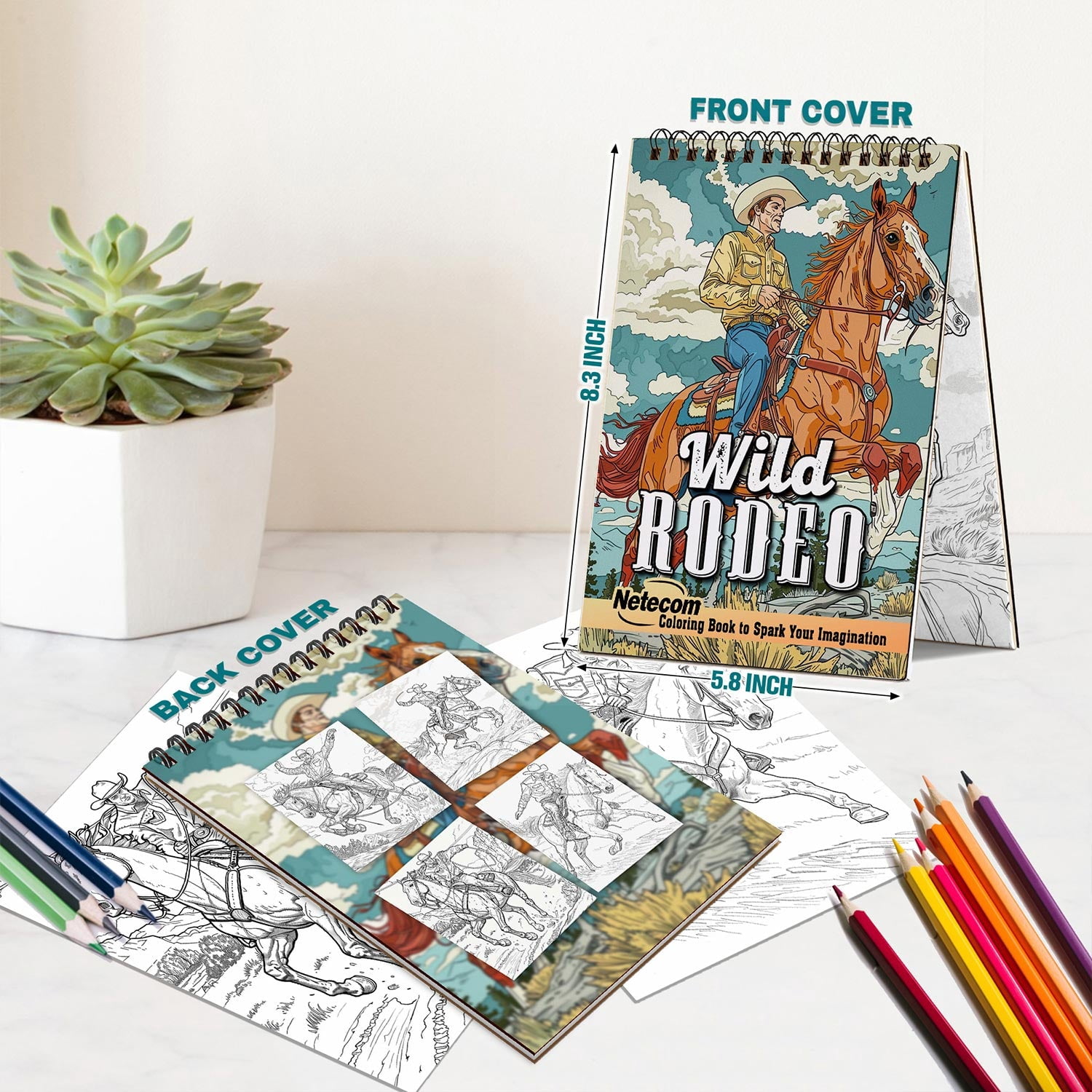 Netecom Wild Rodeo Coloring Book for Adults, A5 Wooden Cover, Spiral Bound, 30 Wild West Coloring Pages of Cowboy Rodeo Adventure for Stress Relief and Relaxation