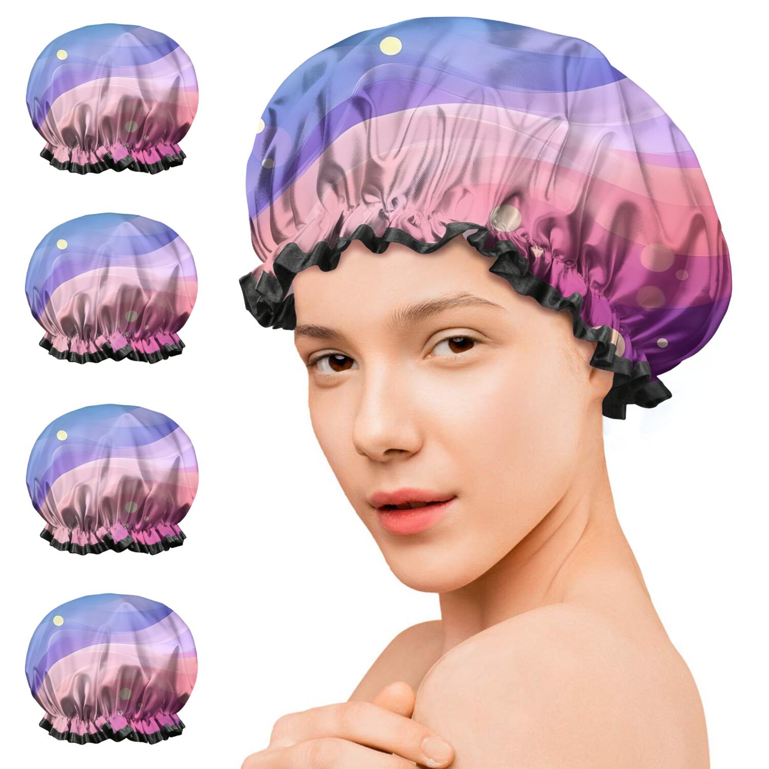 Shower Caps,Rainbow Tie Dye Wave Pattern Waterproof Shower Cap for Women 4 Pieces,Double Reusable Hair Cover for Shower PEVA Elastic Stretch Hem
