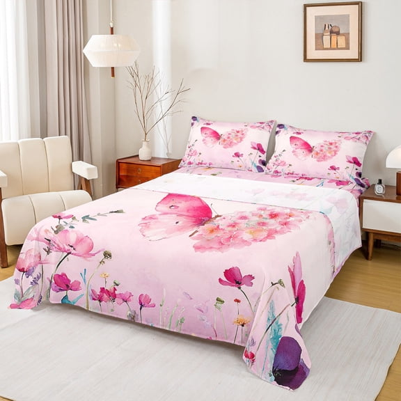 Homewish Pink Butterfly Twin Sheet Sets,Rustic Flower Floral Twin Fitted Sheet,Ink Paingting Aesthetic Flat Sheet For Girls,Ultra Soft Home Decor,3pcs