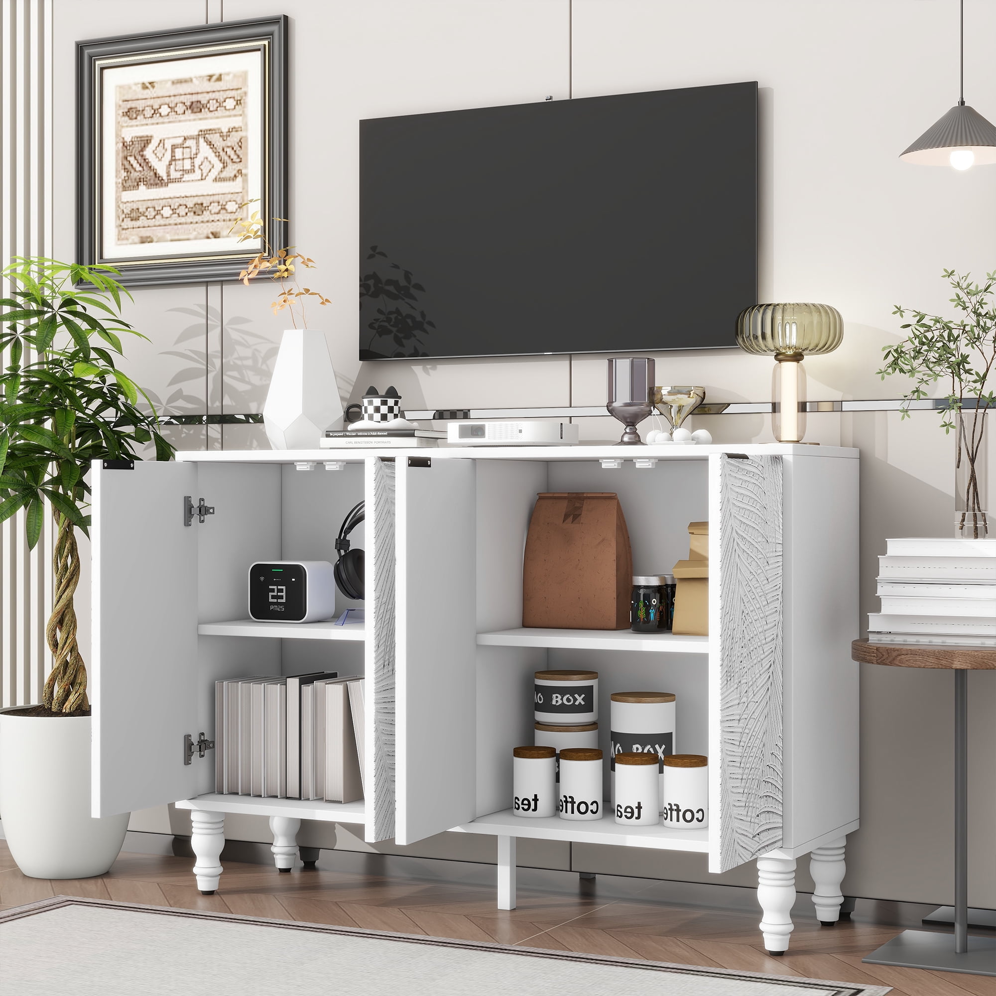 Euroco 47.2" Modern TV Stand with 2 Spacious Storage Cabinets – Entertainment Center Media Console, Solid Wood Legs, Adjustable Shelves & Anti-Tip Device for TVs up to 43"