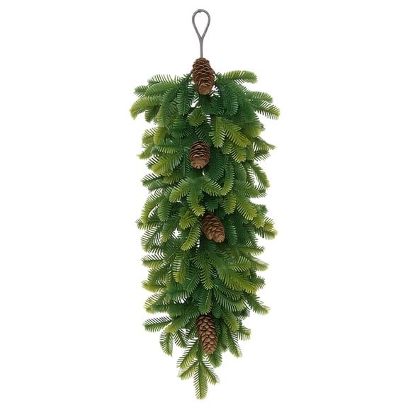Artificial Teardrop Pine Swag Wall Hanging with Natural Pine Cones 1 Pack Faux Juniper Pine Greenery for Front Door Holiday Christmas Porch Wall Decoration