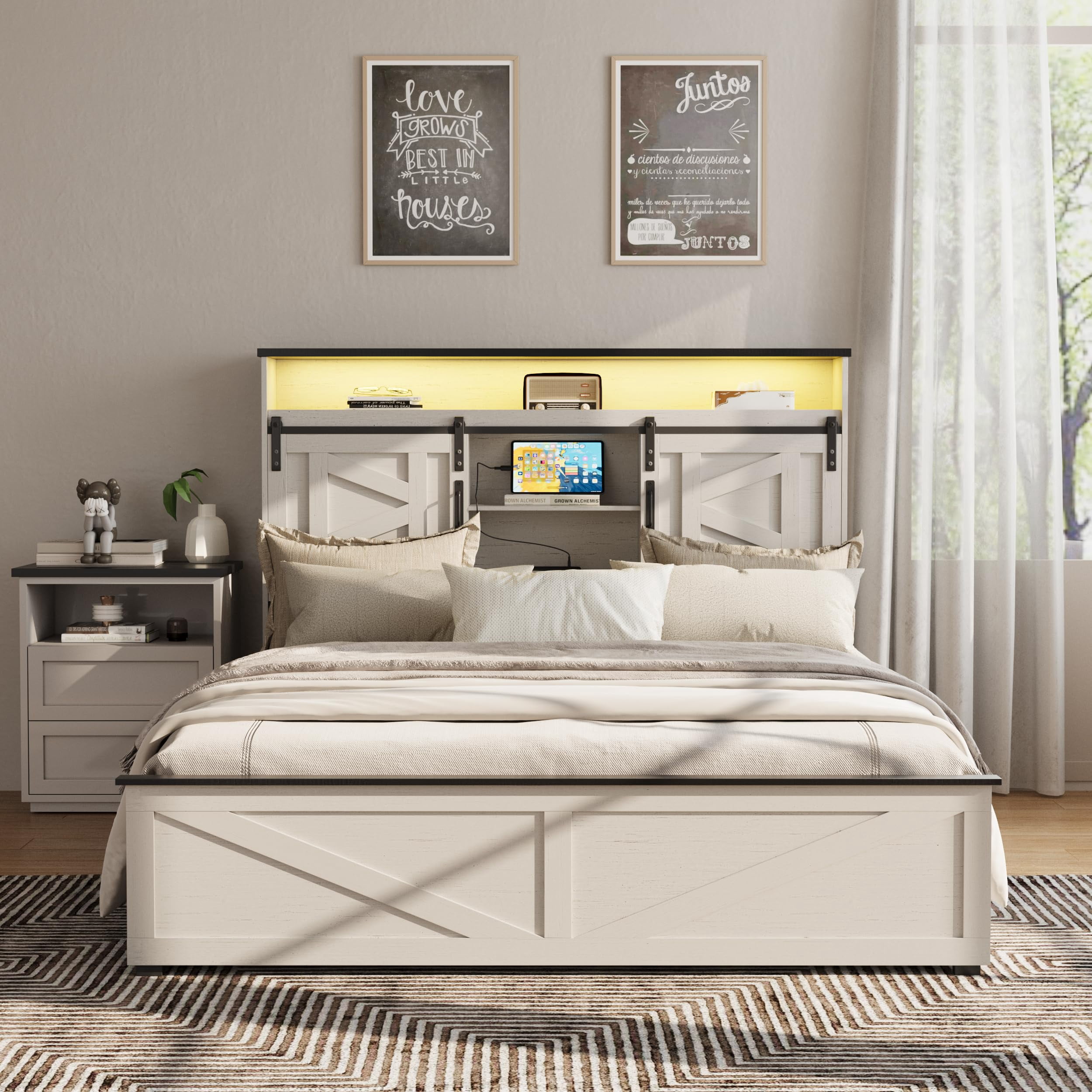 Vabches Farmhouse Full Size Bed Frame with 4 Drawers and Bookcase Headboard,Sliding Barn Door Platform Bed with LED Light & Power Outlets, Antique White