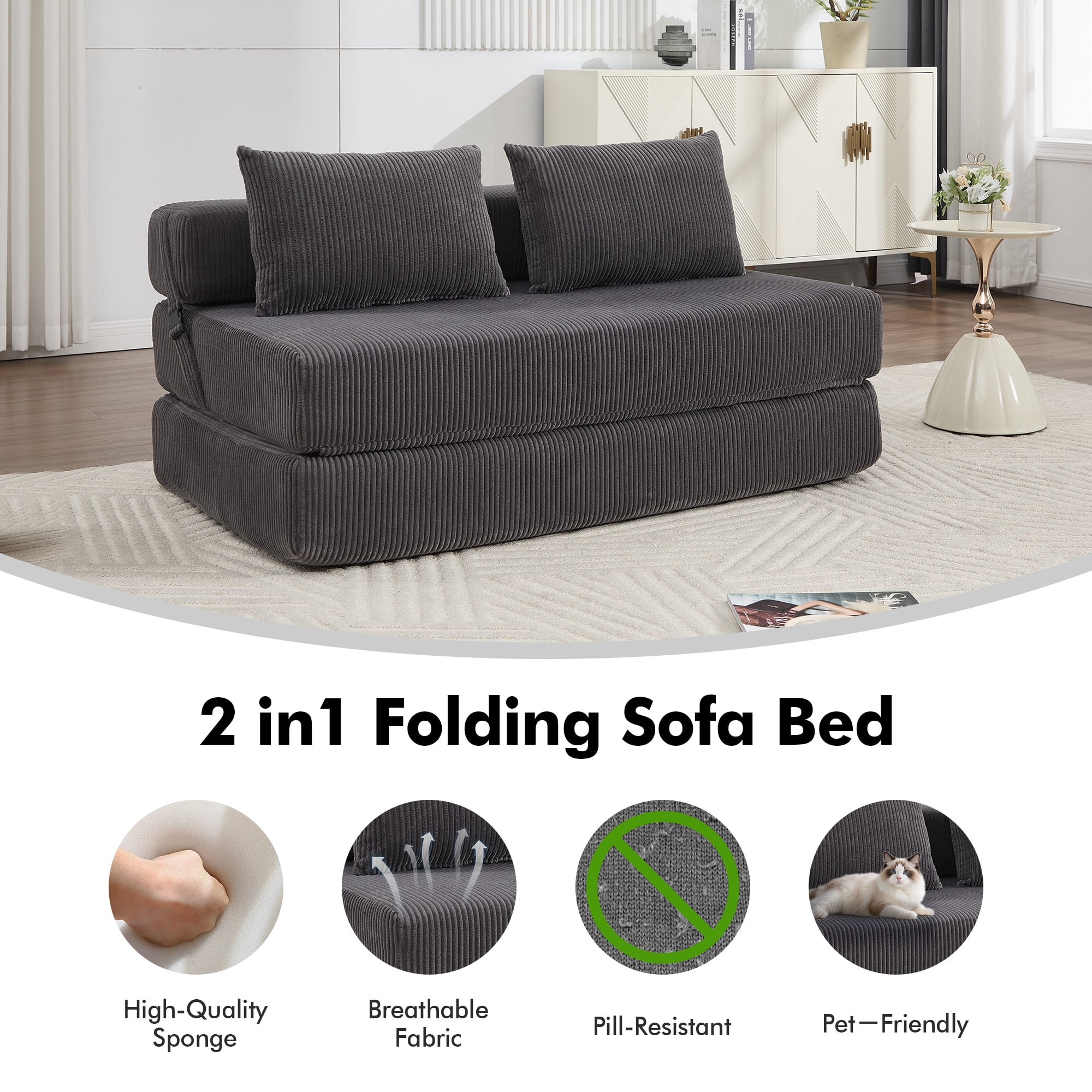 Aukfa Full Size Folding Sofa Bed, Loveseat Sleeper, Corduroy Convertible Floor Couch Mattress for Living Room, Dorm, Guest Room, Gray
