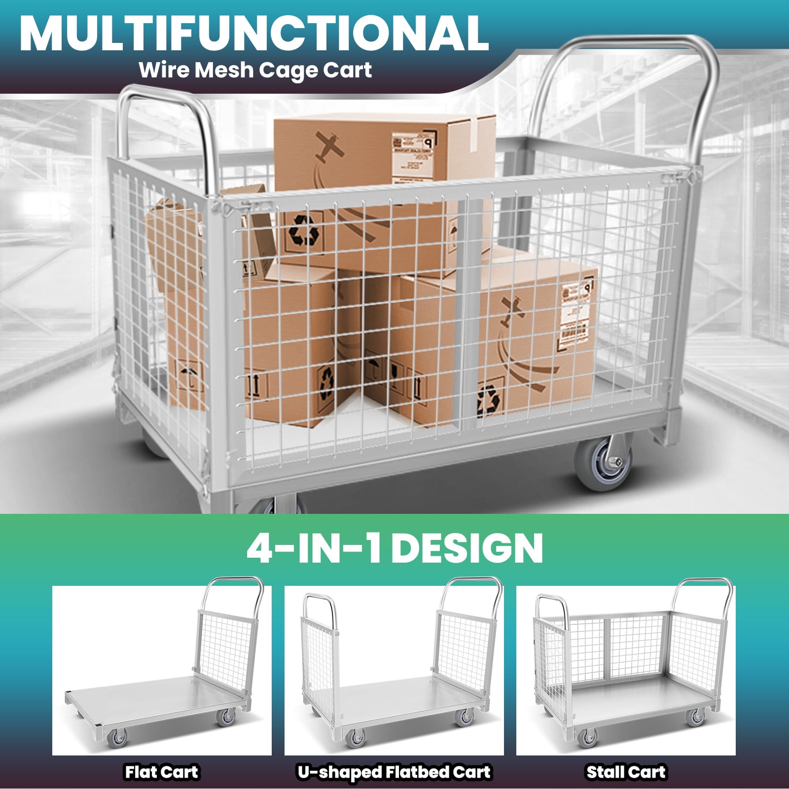 Net cage Trolley Heavy Duty Hand Truck with Cage Portable Platform Cart, 60.6 Pounds Silvery Metal Cart, Load 2200LBS 4-in-1 Design for Laundry, Groceries, Warehouse