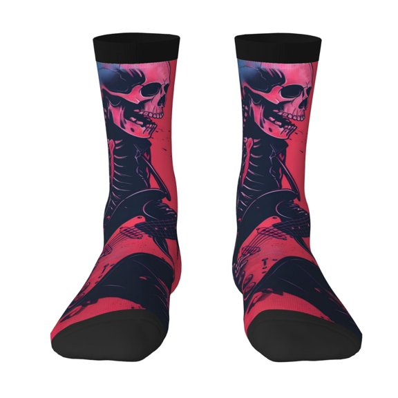 Uemuo Rock Skull Guitarist Pattern Women's Crew Socks, Soft Durable Breathable Moisture-Wicking with Odor Control Cotton socks