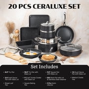 Granitestone 20 Pc Pots and Pans Set Non Stick, Ceramic Cookware Set with Square Pan, Bakeware and Utensils, Oven & Dishwasher Safe, Black