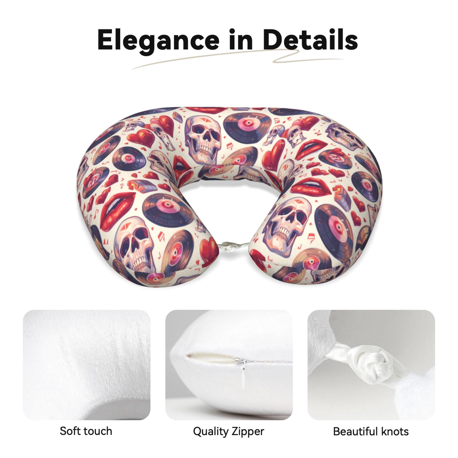 Xecao record rock Skull lips Print Memory Foam Cervical Neck Pillow Versatile U-Shaped Pillows for Home,Office,Camping,Travelling,Soft Washable Cover