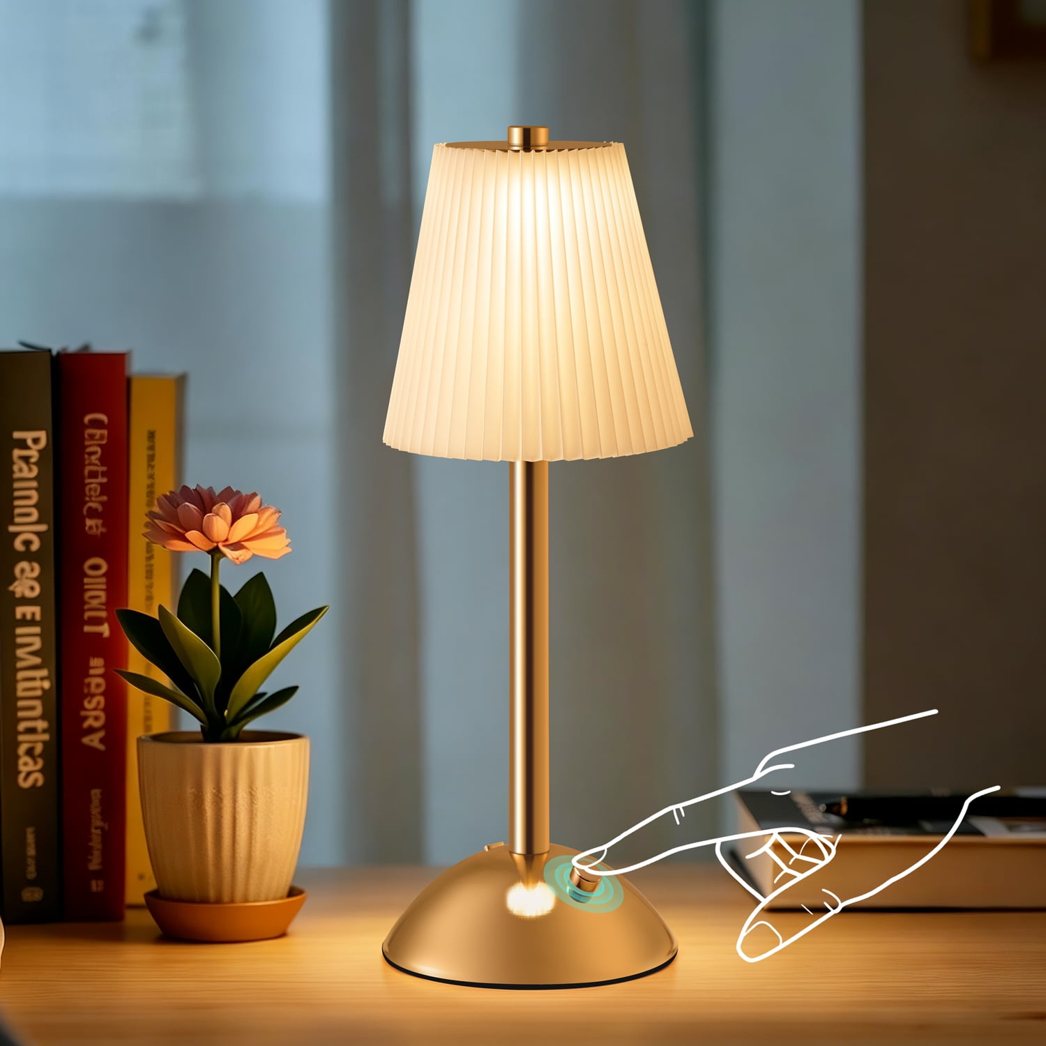 Walchoice Cordless Table Lamp, Rechargeable Touch Control Lamp with 3 Color Modes & Stepless Dimming, Portable Gold Beside Lamp with Plated White Shade for Bedroom, Nightstand, Living Room