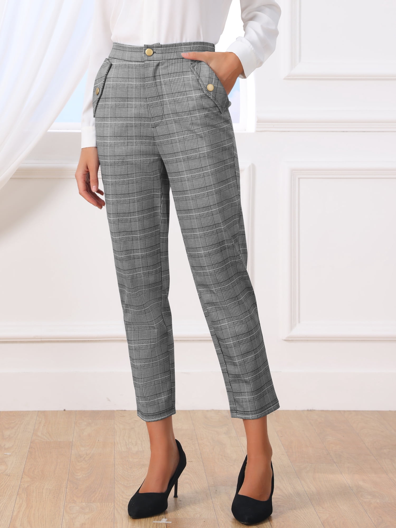 DARING DIVA Women's Tartan Plaid Pants Elastic Waist Straight Long Trousers L Grey Black