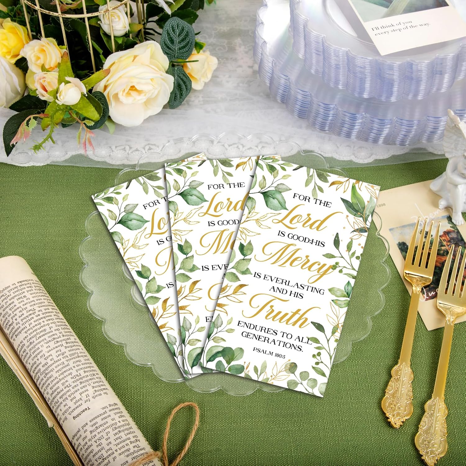 100 Pcs Religious Napkins Disposable Baptism Napkins 3 Ply Christian Eucalyptus Decorative Hand Towels Bathroom Bible Verse Hand Towels for Wedding First Communion Baptism Spring Party