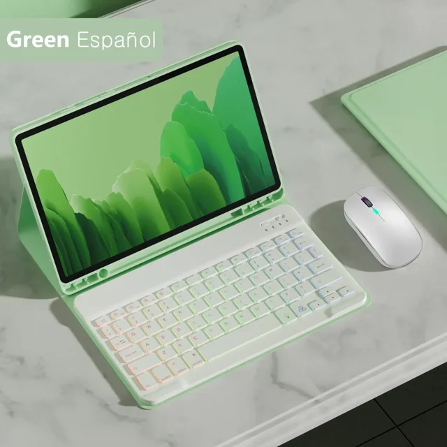 Étui pour Tablette pour Samsung Galaxy Tab S9 FE S7 S8 S9 A9 Plus 11 Pouces S6 Lite 10.4 S9 S8 S7 FE Plus 12.4 Pouces Clavier Rétroéclairé Vert Espagnol Tab S8 S7Plus 12.4 Po