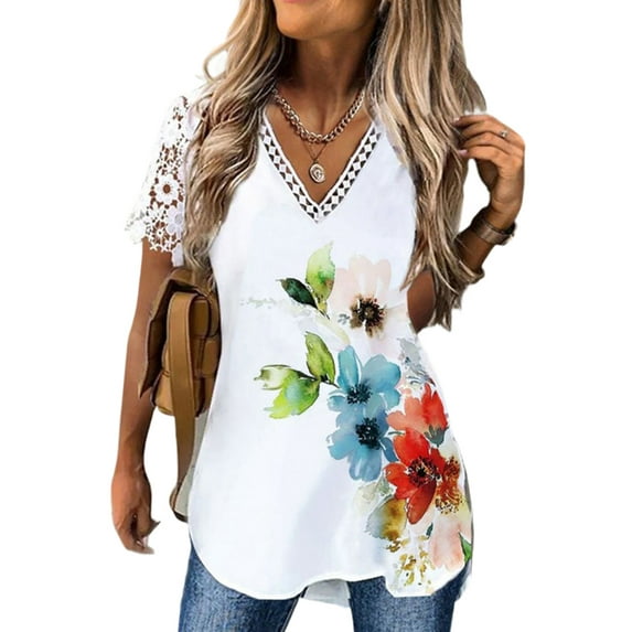 Gvmfive Women's Summer Lace Short Sleeve Tunic Tops Casual V Neck Shirt