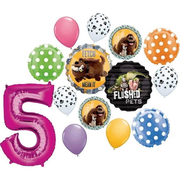 Secret Life of Pets Party Supplies 5th Birthday Max and Duke Balloon Bouquet Decorations Pink Number 5