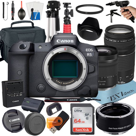 Canon EOS R5 Appareil Photo Sans Miroir avec Objectif RF 24-105mm STM + Objectif 75-300mm + Adaptateur de Monture + 64 Go SanDisk + Accessoire ZeeTech