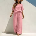 thumbnail image 3 of Ynynloco 2 Piece Cotton Linen Outfits for Women Casual Tracksuit Short Sleeve Tops And Wide Leg Long Pants Matching Lounge Sets, 3 of 8