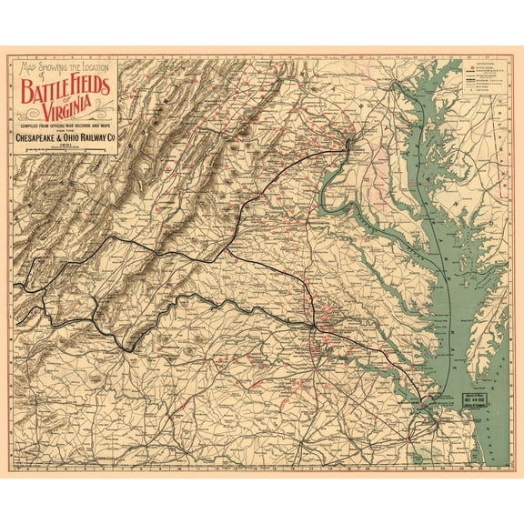 Historical Civil War Map - Virginia Battle Fields - Poole 1891 - 27.83 x 23 - Vintage Wall Art
