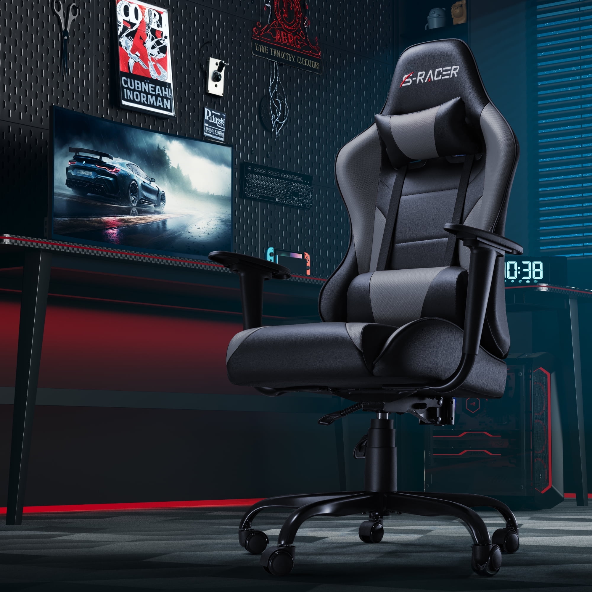 Homall Gaming Chair Office Chair High Back Racing Computer Chair PU Leather Adjustable Seat Height Swivel Chair Ergonomic Executive Chair with Headrest, Gray