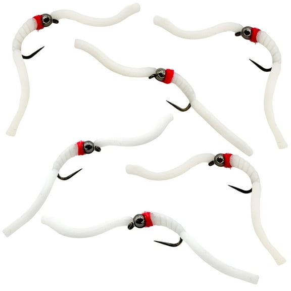 Thor Outdoor 6 Pc Squirmy Wormy Set, White Size #10 - Barbless Wet Worm Fly Fishing Flies for Trout, Panfish, Bass
