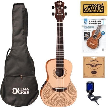 Luna UKE TAPA SPR Concert Solid Spruce A/E Ukulele, W/ Book Bundle
