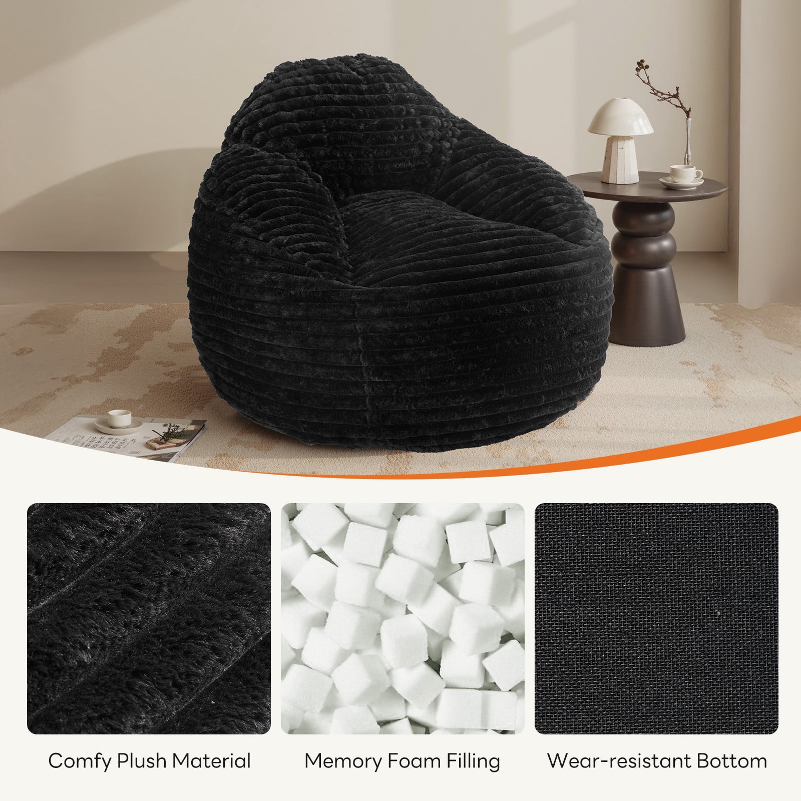 CONCETTA 39ft Sofa Bean Bag Chair, Oversized Beanbag for Adults with Soft Removable Cover, Black