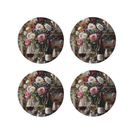 

Honeii Romantic Wine Flowers Print Leather Coaster Set of 4 Ideal for Safeguarding Your Furniture from Drinks Spills and Effortless Cleanup-Round Shape