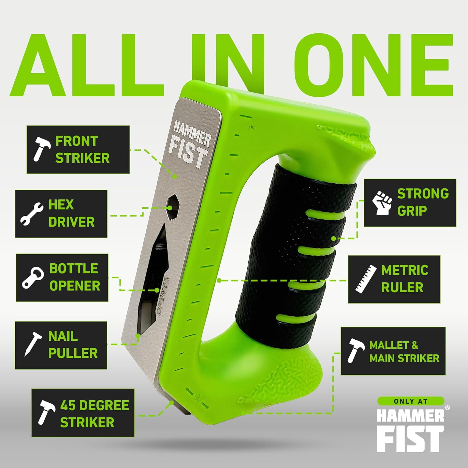 Hammer Fist Adaptive Multi Tool, Ergonomic & Lightweight Hammer with 3 Strike Angles, Built-in Hex Drive, Nail Puller, Bottle Opener & Ruler, Ideal for Tight Spaces, DIY Projects & Father’s Day Gifts