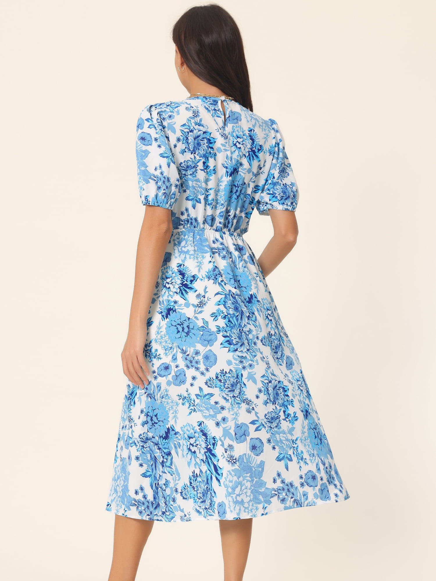 Unique Bargains Women's Puff Sleeve Waist Cutout Midi Floral Dress with Pockets S Blue