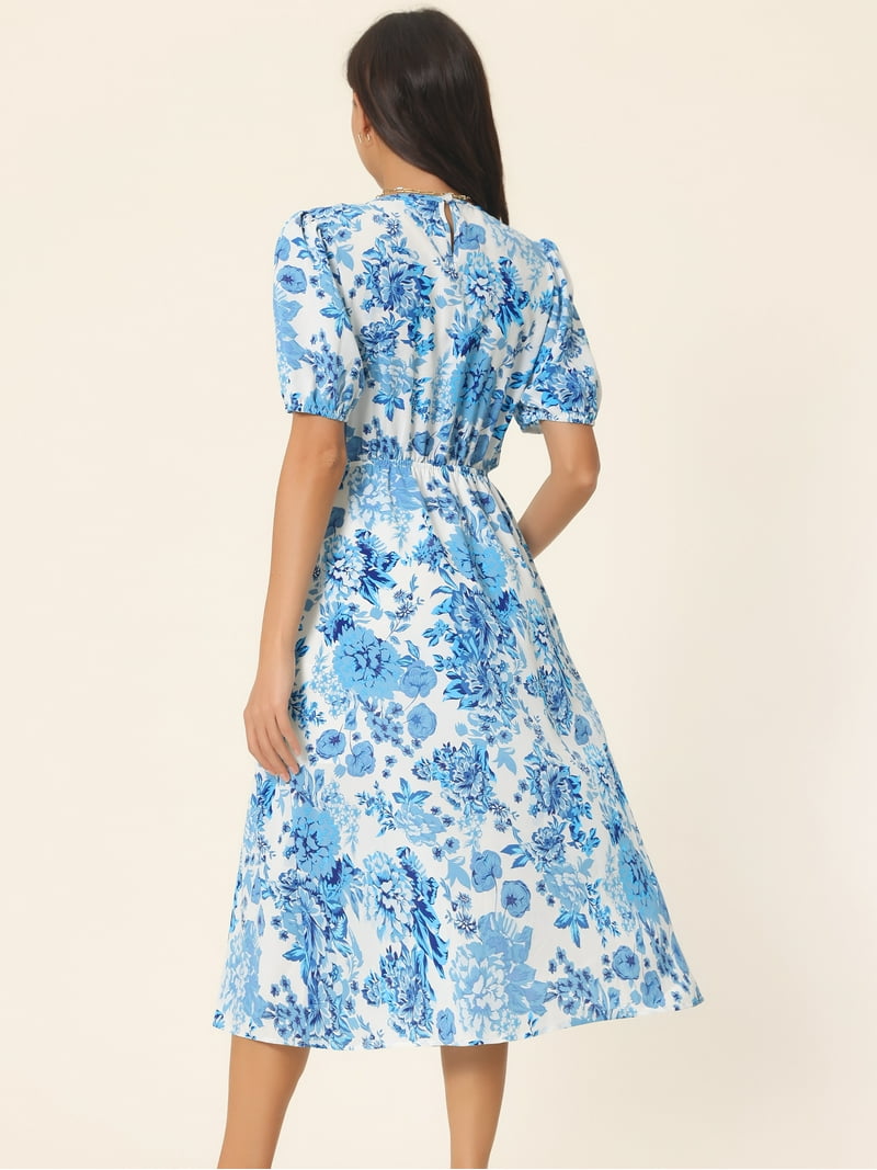 Unique Bargains Women's Puff Sleeve Waist Cutout Midi Floral Dress with  Pockets XL Blue - Walmart.com