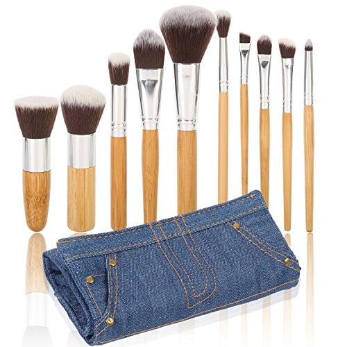Ivaton Pro Signature Brush Set - Includes 10 Pieces Handmade Natural/synthetic Bristle with Bamboo Wooden Handle, Comes with a Travel Holder Jeans Pouch