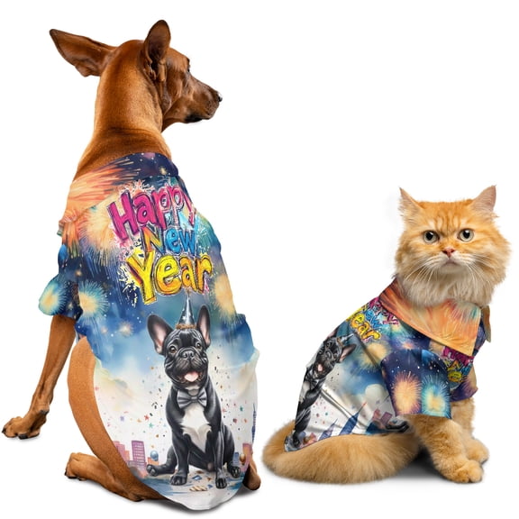 Happy New Year with French Bulldog Fireworks Holiday Xmas Winter 2025 Hawaiian Summer Shirt for Small Medium Large Dog Cat Dog Lover Gifts - 00025