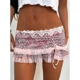 thumbnail image 5 of Women Y2K Lace Mini Skirt Low Rise Leopard Half Slip Skirt Contrast Ruffle Flowy Short Skirt Underskirt Pink S, 5 of 6