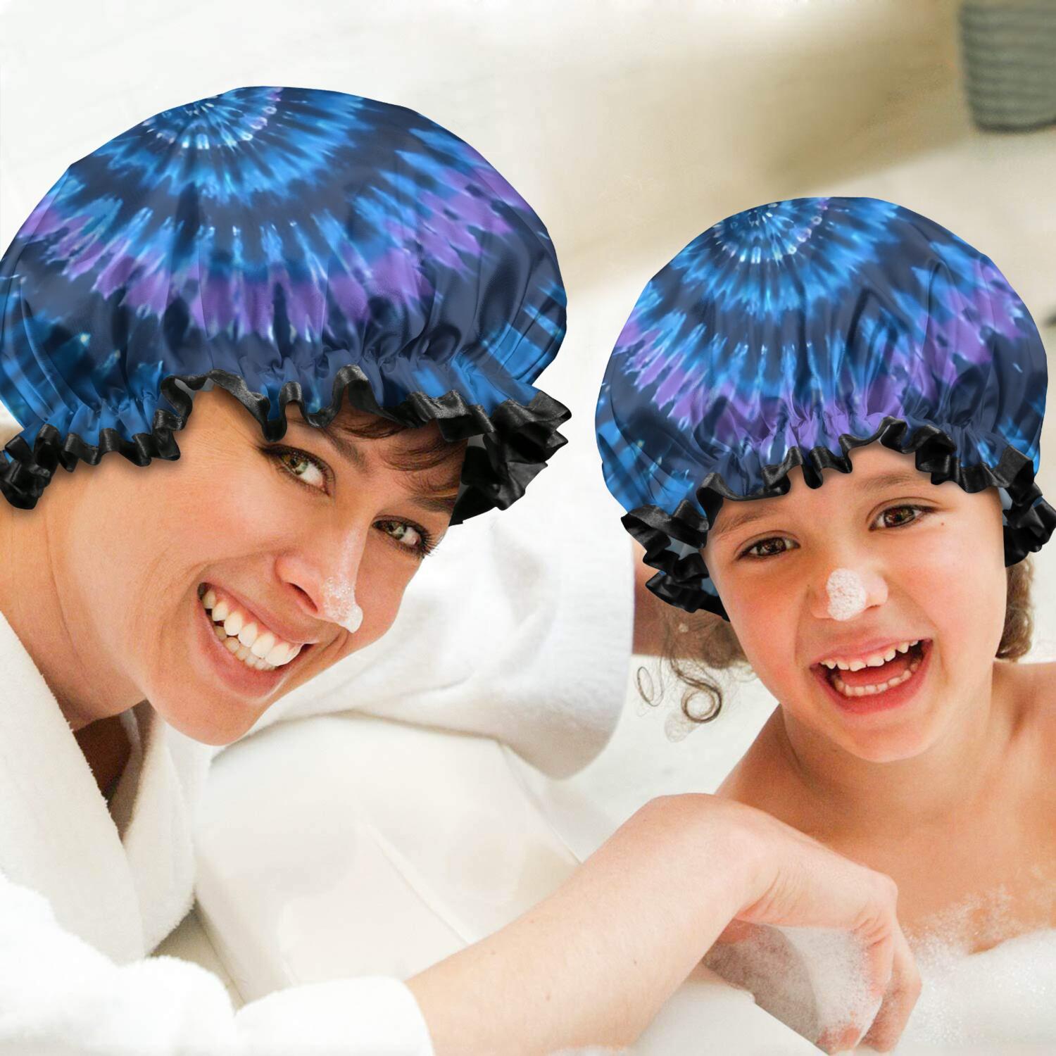 Shower Caps,Blue Tie Dye Pattern Waterproof Shower Cap for Women 4 Pieces,Double Reusable Hair Cover for Shower PEVA Elastic Stretch Hem
